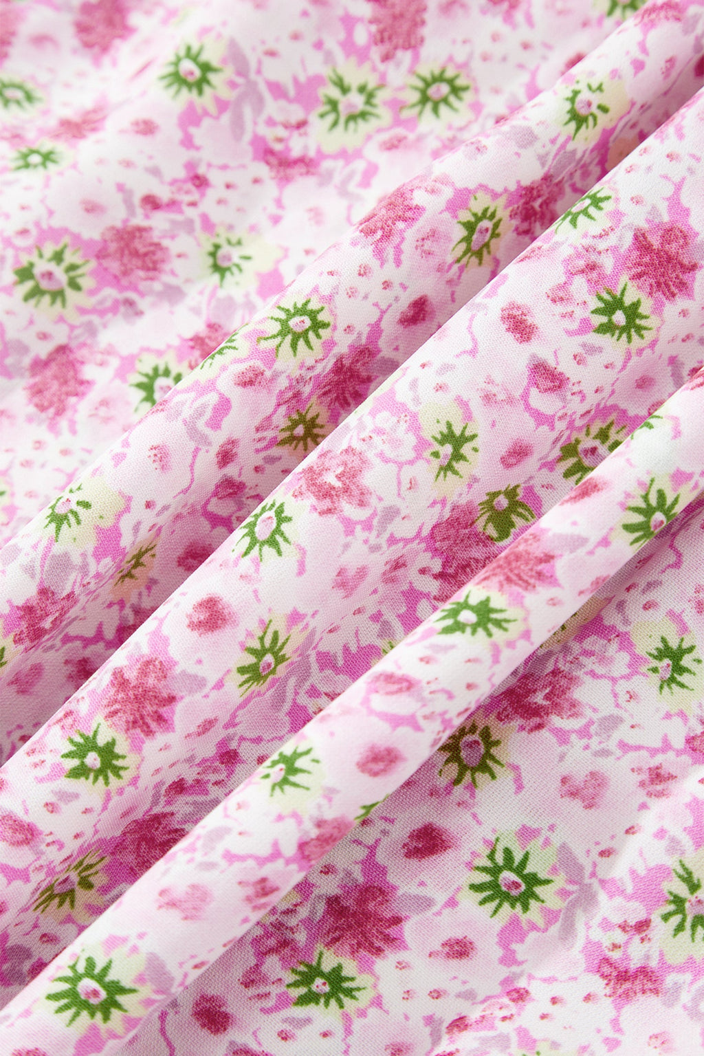 Pink Floral Short Bubble Sleeve Shirred High Waist Maxi Dress