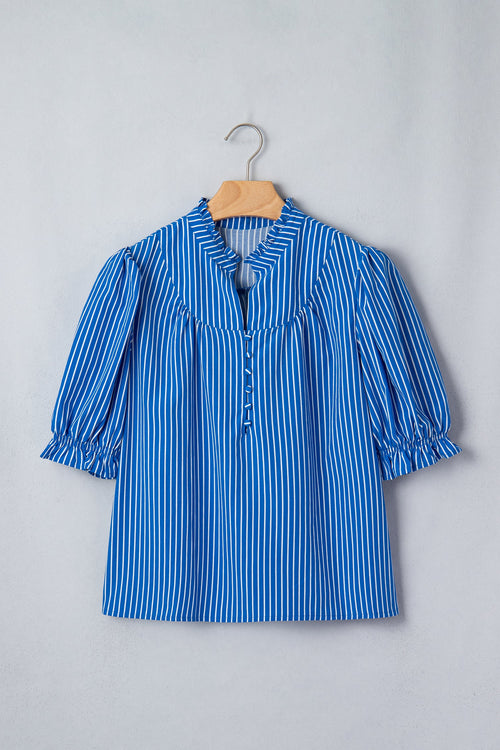 Blue Stripe Ruffled Short Puff Sleeve Button Front Blouse