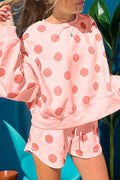 Pink Polka Dot Print Drop Shoulder Pullover Drawstring Shorts Set