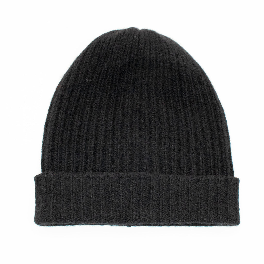 CASHMERE RIBBED HAT WITH FOLDED CUFF- BLACK