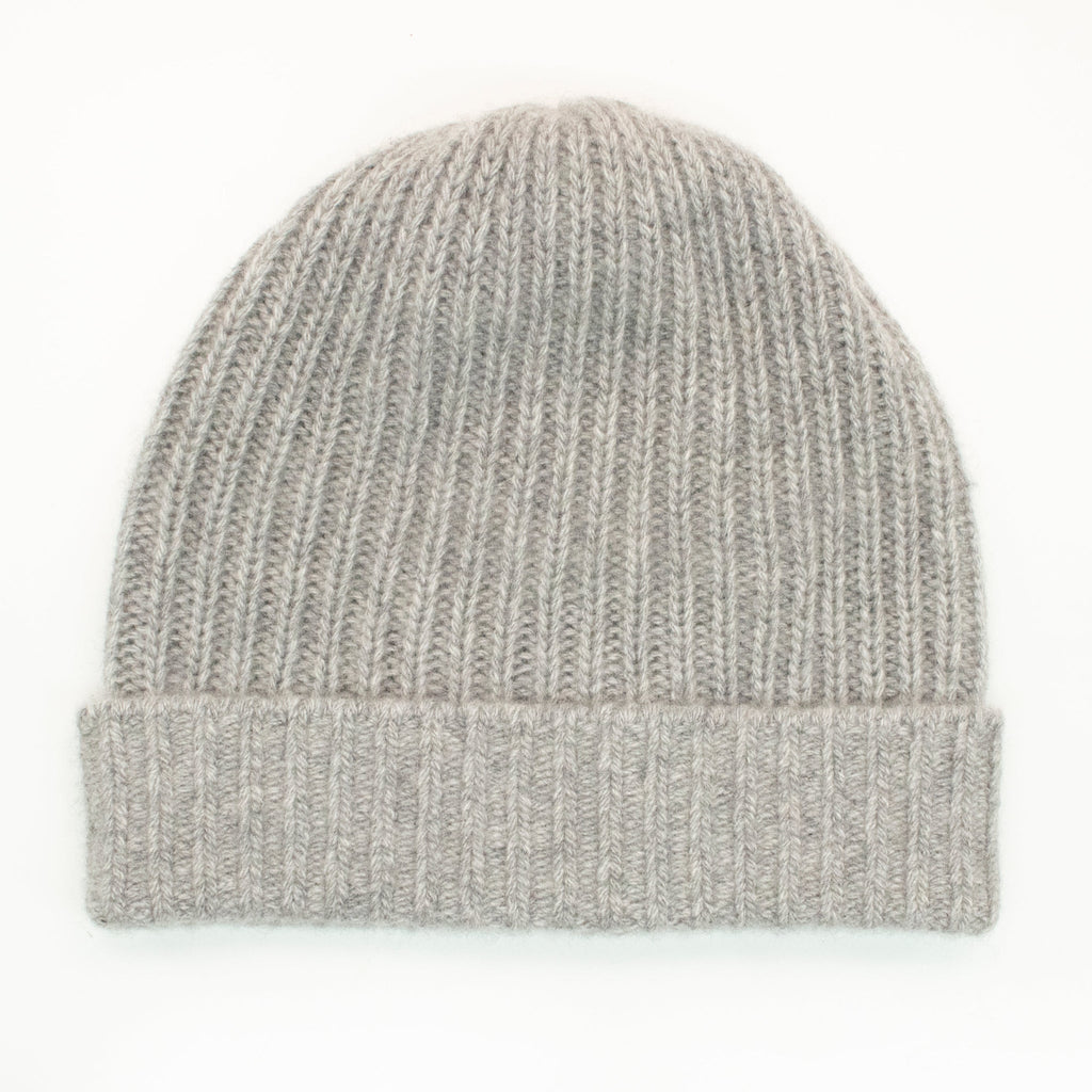 CASHMERE RIBBED HAT WITH FOLDED CUFF- LIGHT GREY