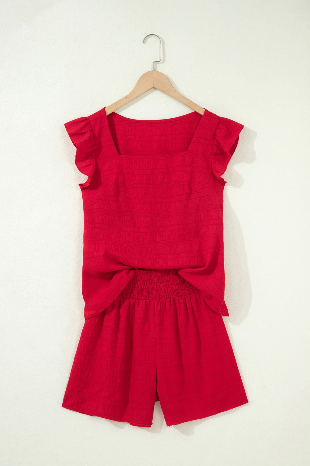 Fiery Red Textured Square Neck Top and Shirred High Waist Shorts Set