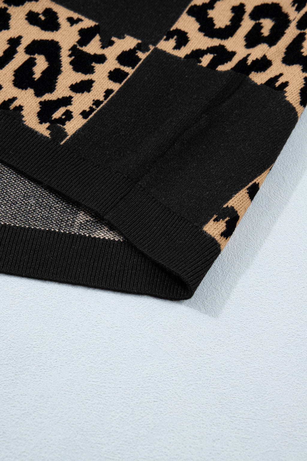 Black Leopard Checkerboard Short Sleeve Knit Sweater