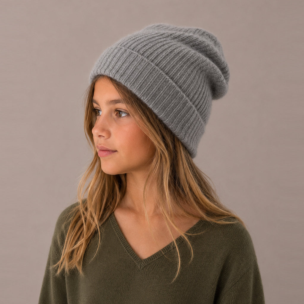 CASHMERE RIBBED HAT WITH FOLDED CUFF- LIGHT GREY
