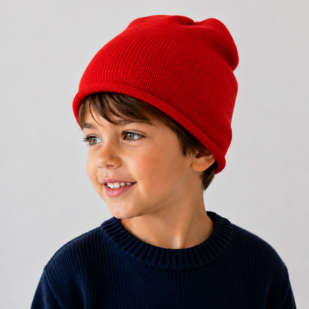 CASHMERE ROLLED CUFF HAT- FIRE RED
