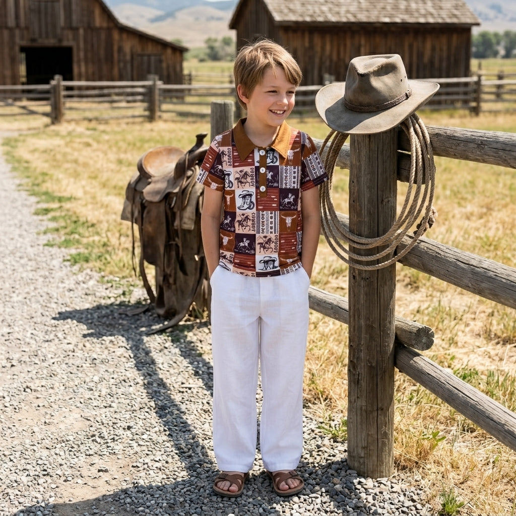 Short sleeves bull skull rodeo western boys polo shirt