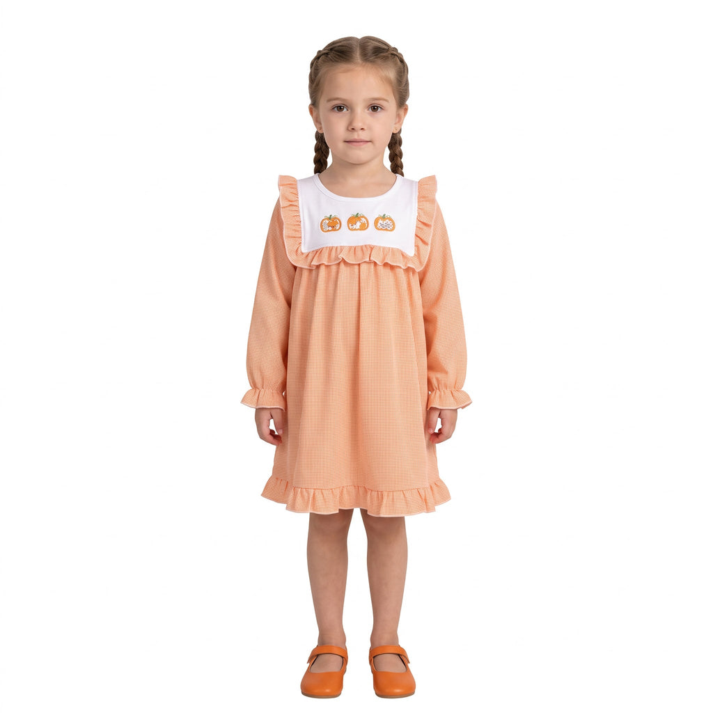 Long sleeves pumpkin embroidery ruffle girls fall dress