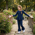 Long sleeves navy peplum top ruffle pants girls outfits