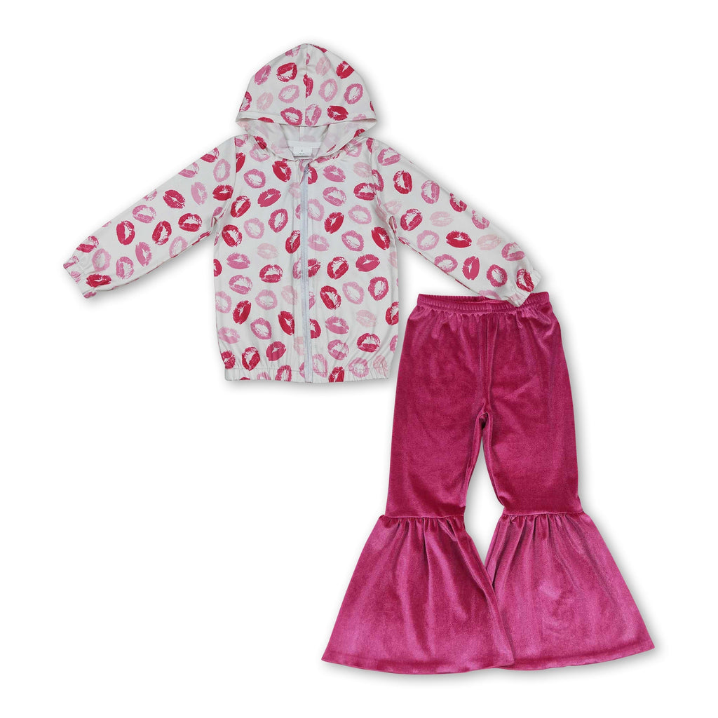 Lips hooded jacket velvet pants girls valentine's outfits