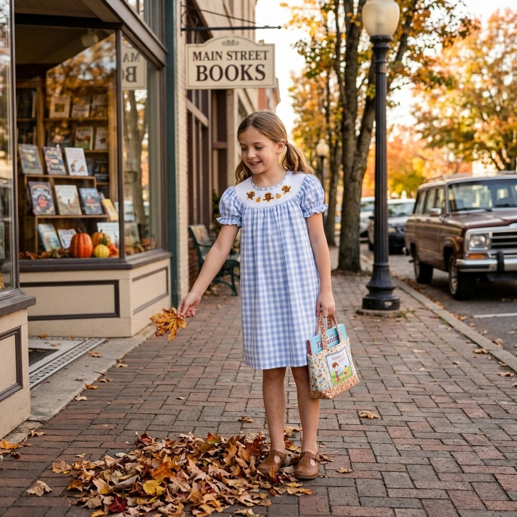 Plaid turkey pumpkin smocked girls Thanksgiving dress