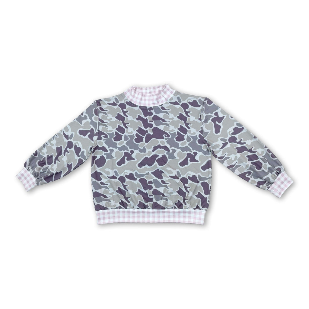 Long sleeves pink plaid mock neck camo kids girls top