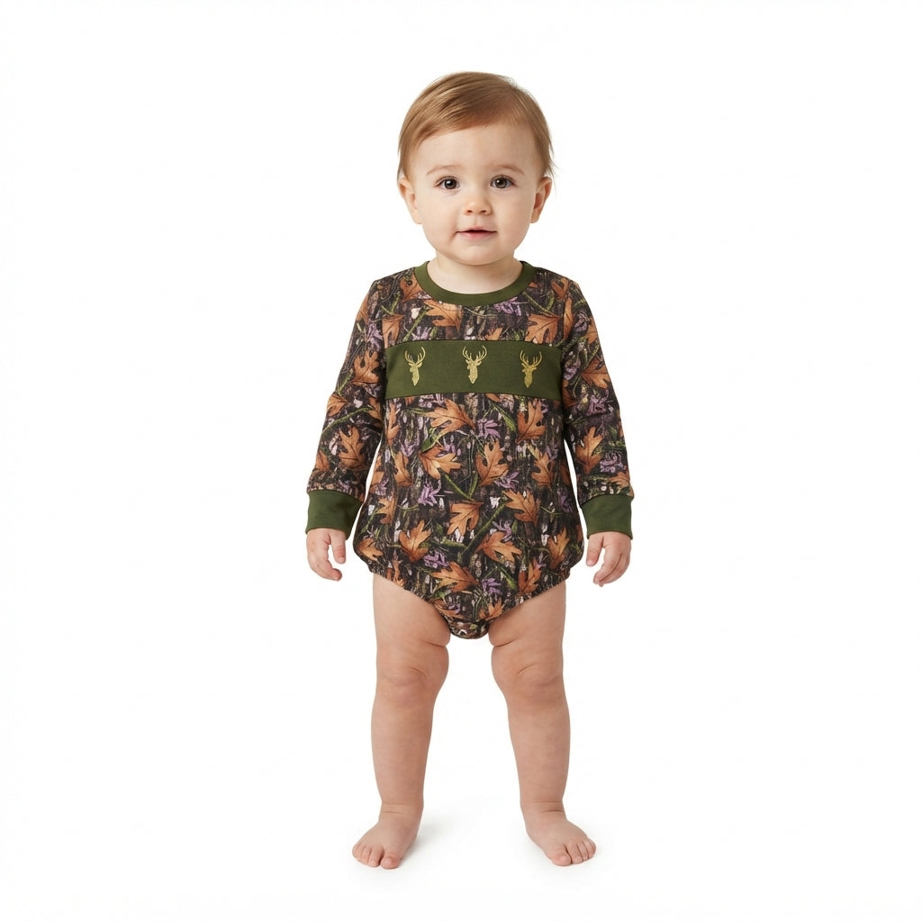 deer smock long sleeves leaves baby boy romper