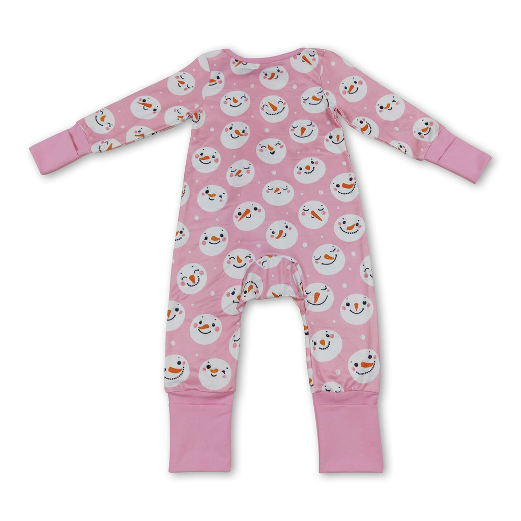 Pink snowman long sleeves baby girls zipper romper