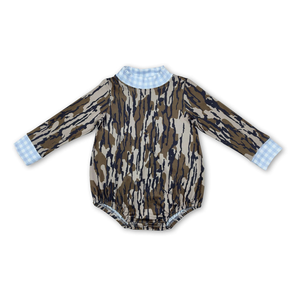 Light blue plaid olive camo long sleeves baby kids romper