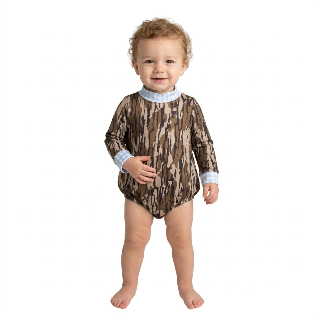 Light blue plaid olive camo long sleeves baby kids romper