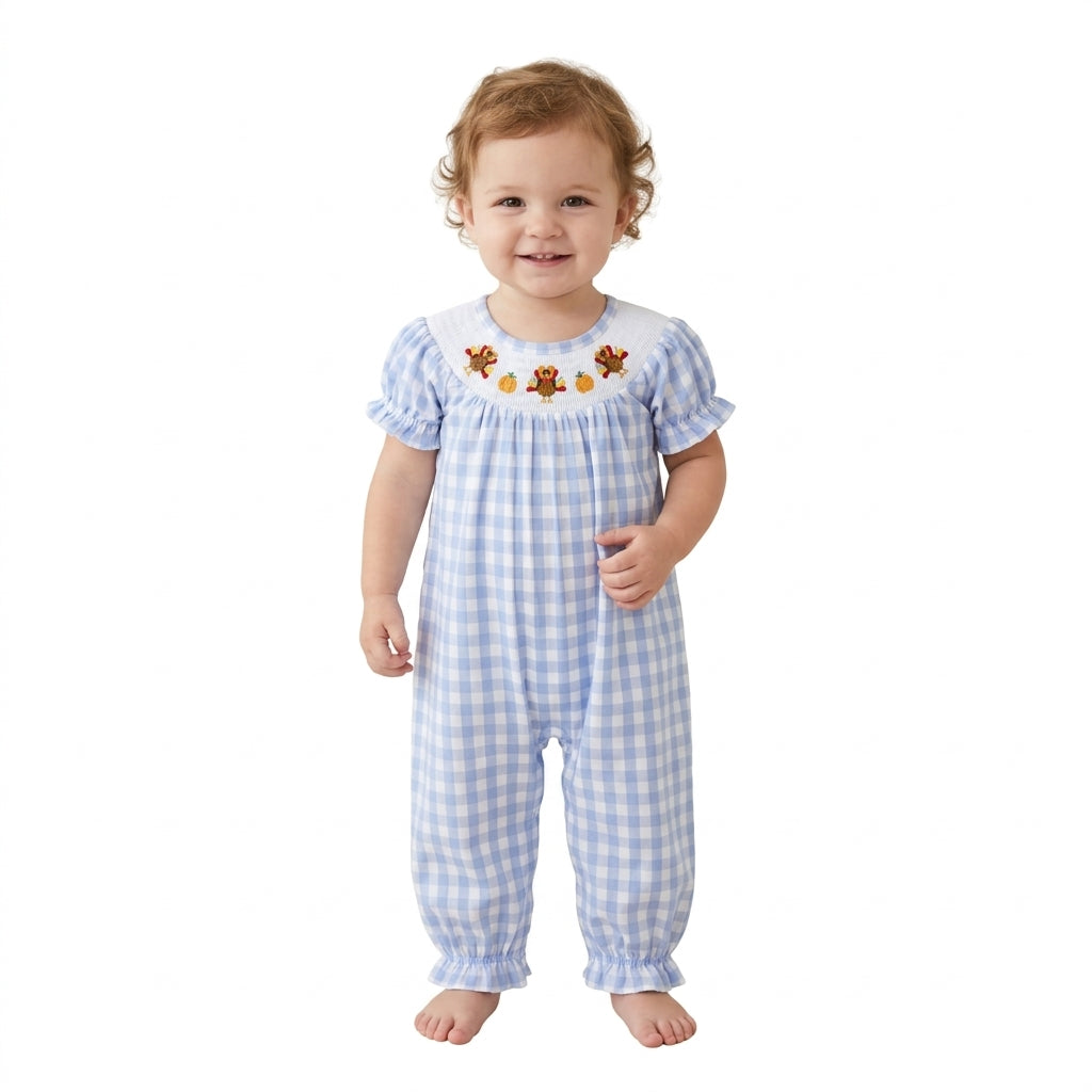 Turkey pumpkin smocked plaid girls Thanksgiving romper