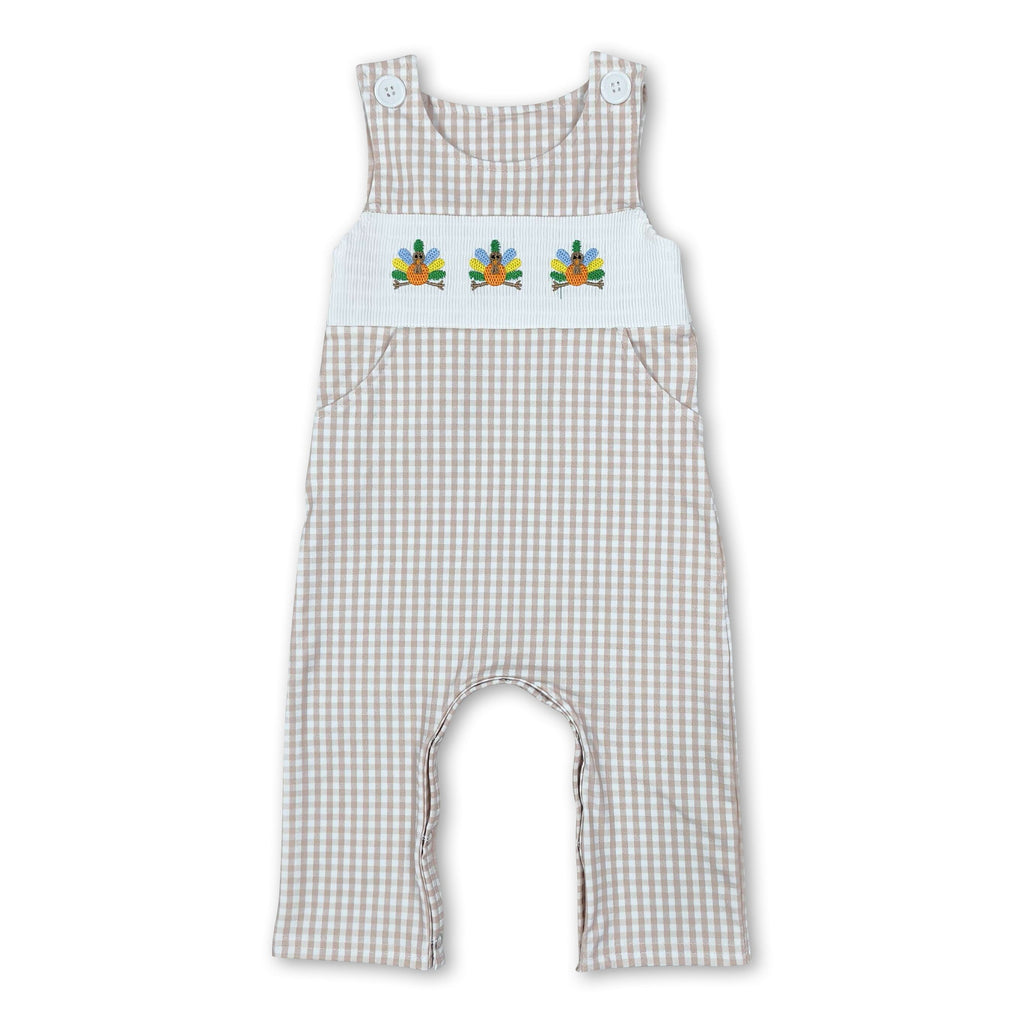 Sleeveless plaid turkey smocked boy Thanksgiving romper
