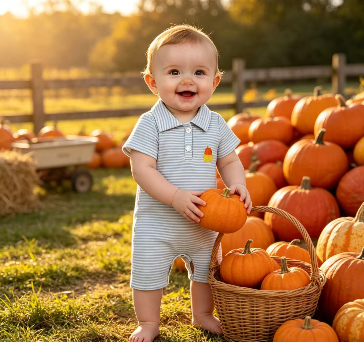 Stripe candy corn embroidery baby boy Halloween romper