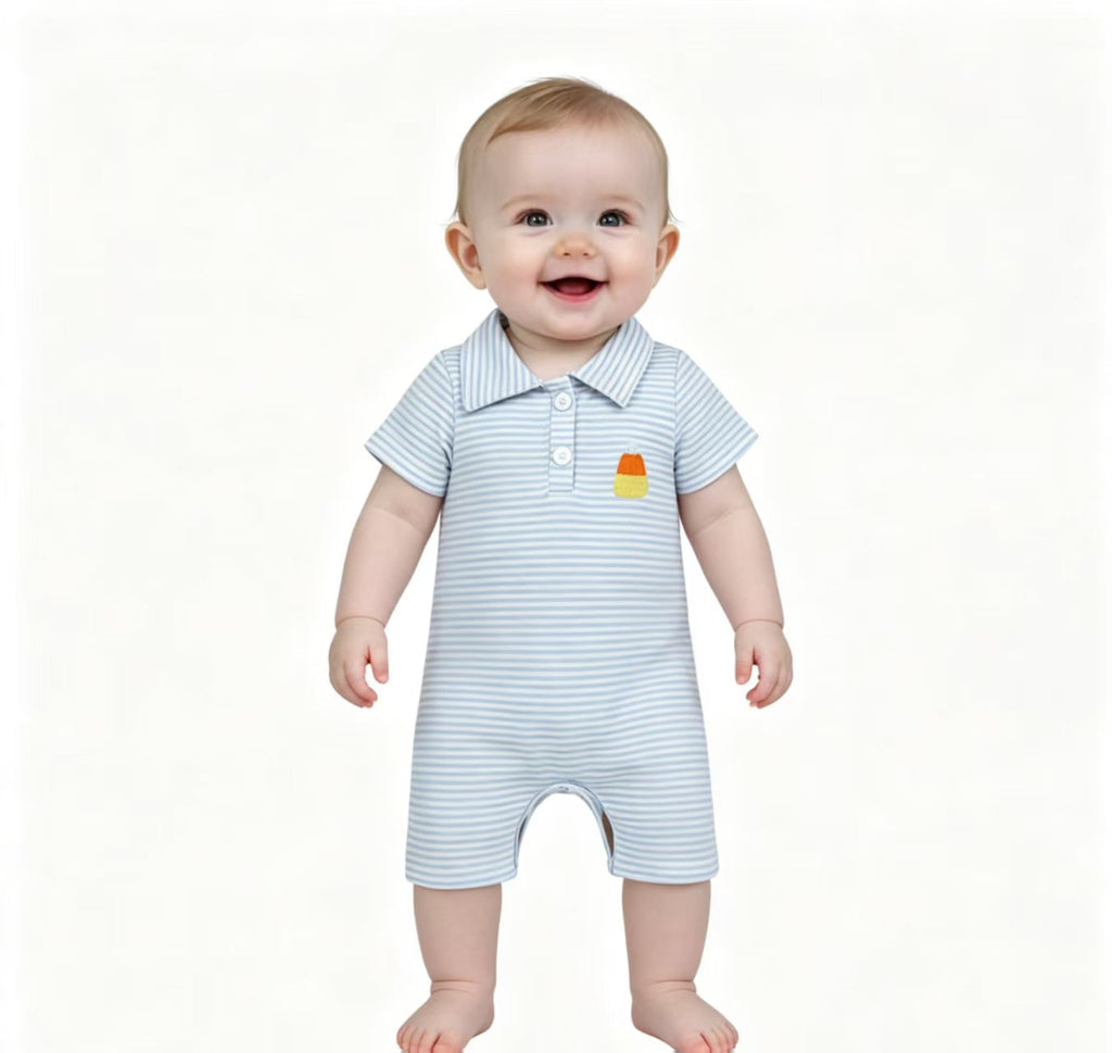 Stripe candy corn embroidery baby boy Halloween romper