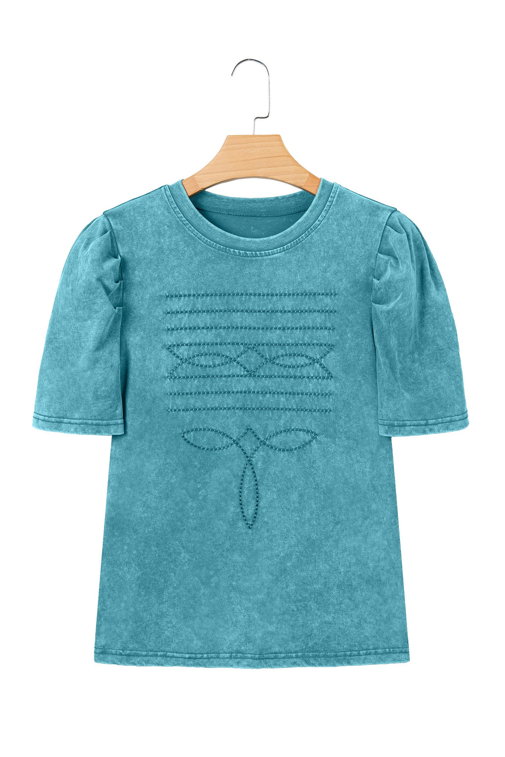 Turquoise Mineral Wash Western Embroidered Detail Short Puff Sleeve Cotton Tee