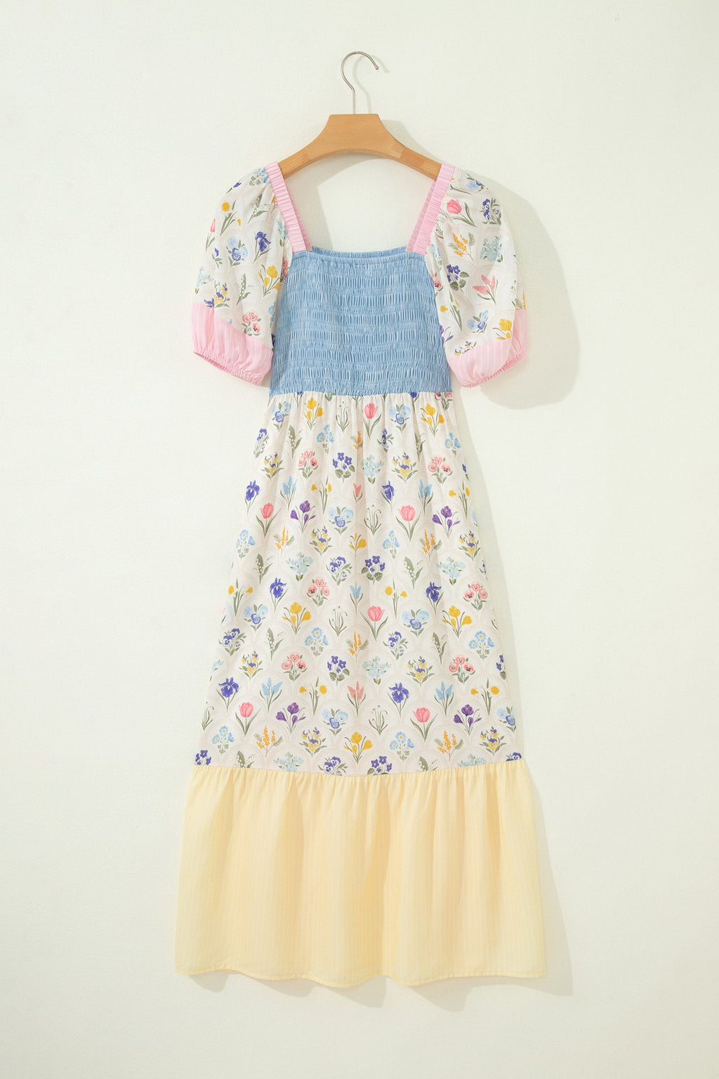 Multicolour Floral Print Striped Color Block Patchwork Square Neck Shirred Long Dress