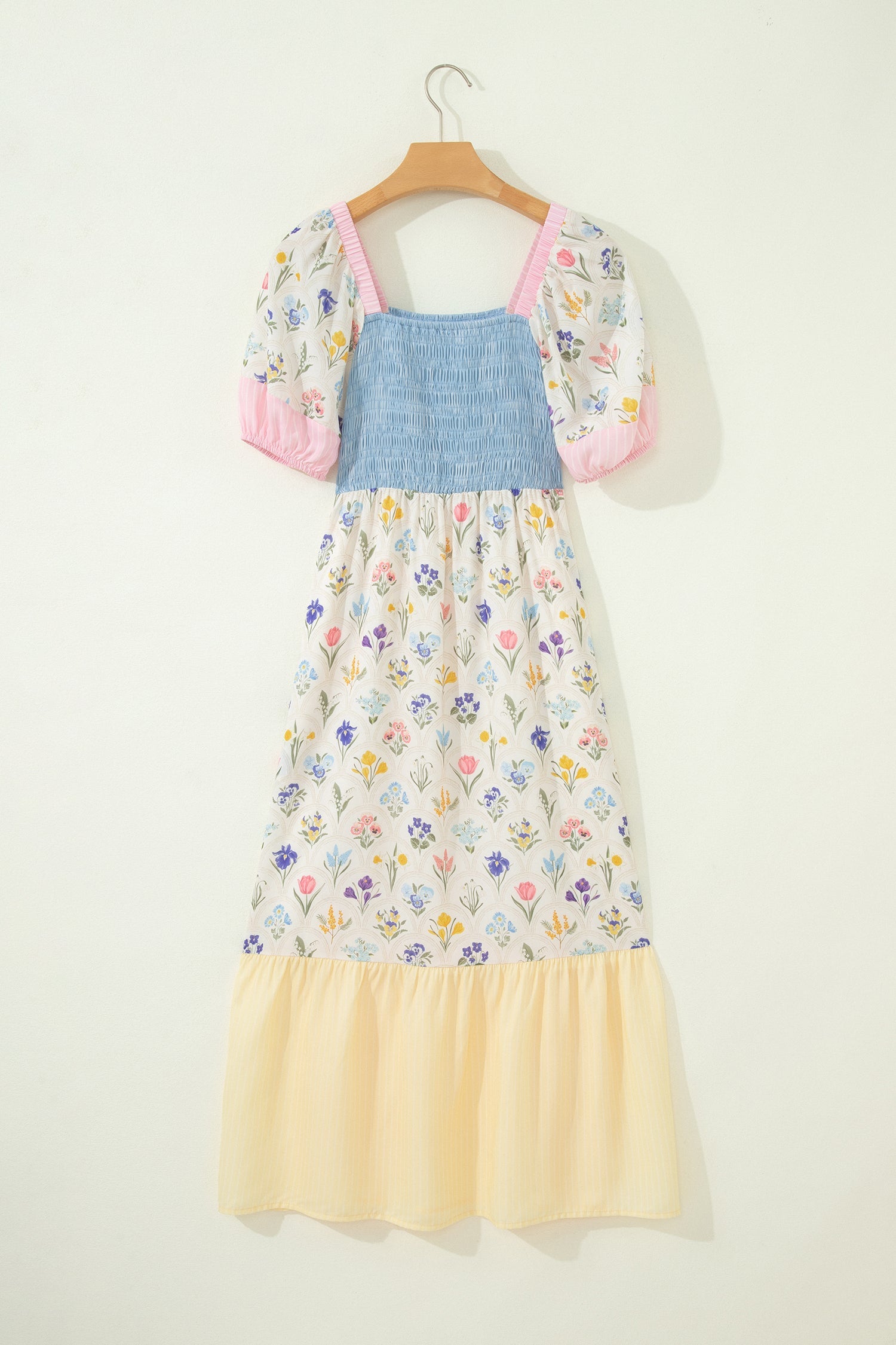 Multicolour Floral Print Striped Color Block Patchwork Square Neck Shirred Long Dress
