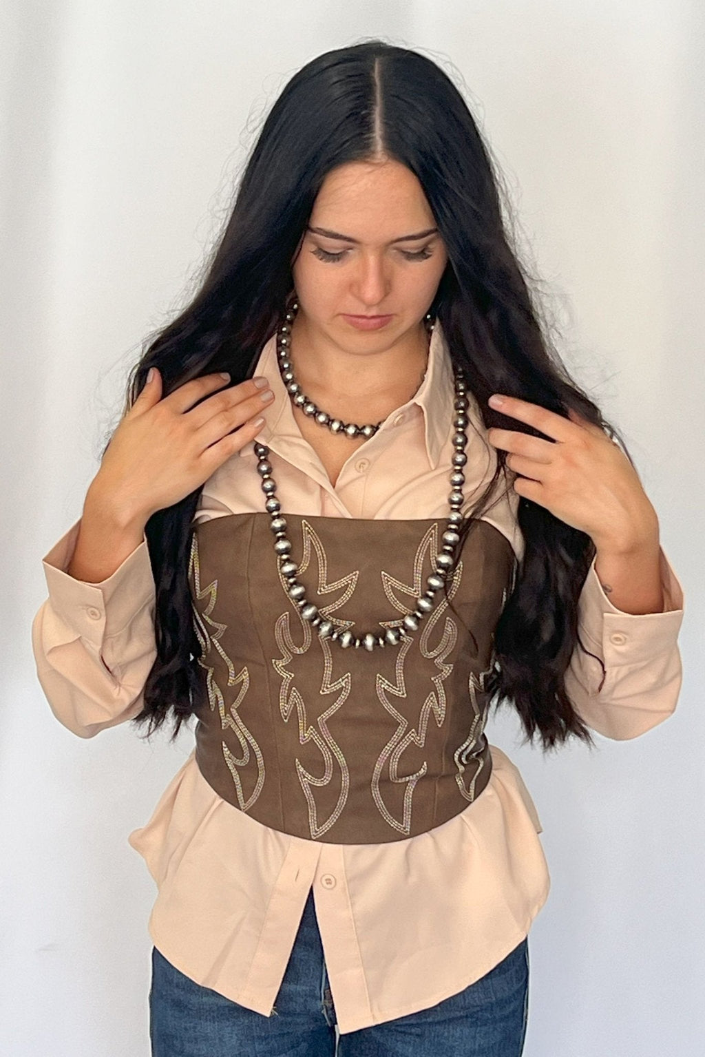 TICTOC "Jolene" Embroidered Western Corset Top — PU Vegan Leather Bandeau with Lace-Up Back (4 Colors)