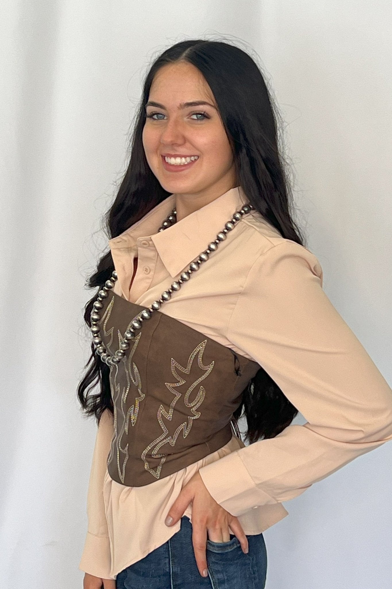 TICTOC "Jolene" Embroidered Western Corset Top — PU Vegan Leather Bandeau with Lace-Up Back (4 Colors)