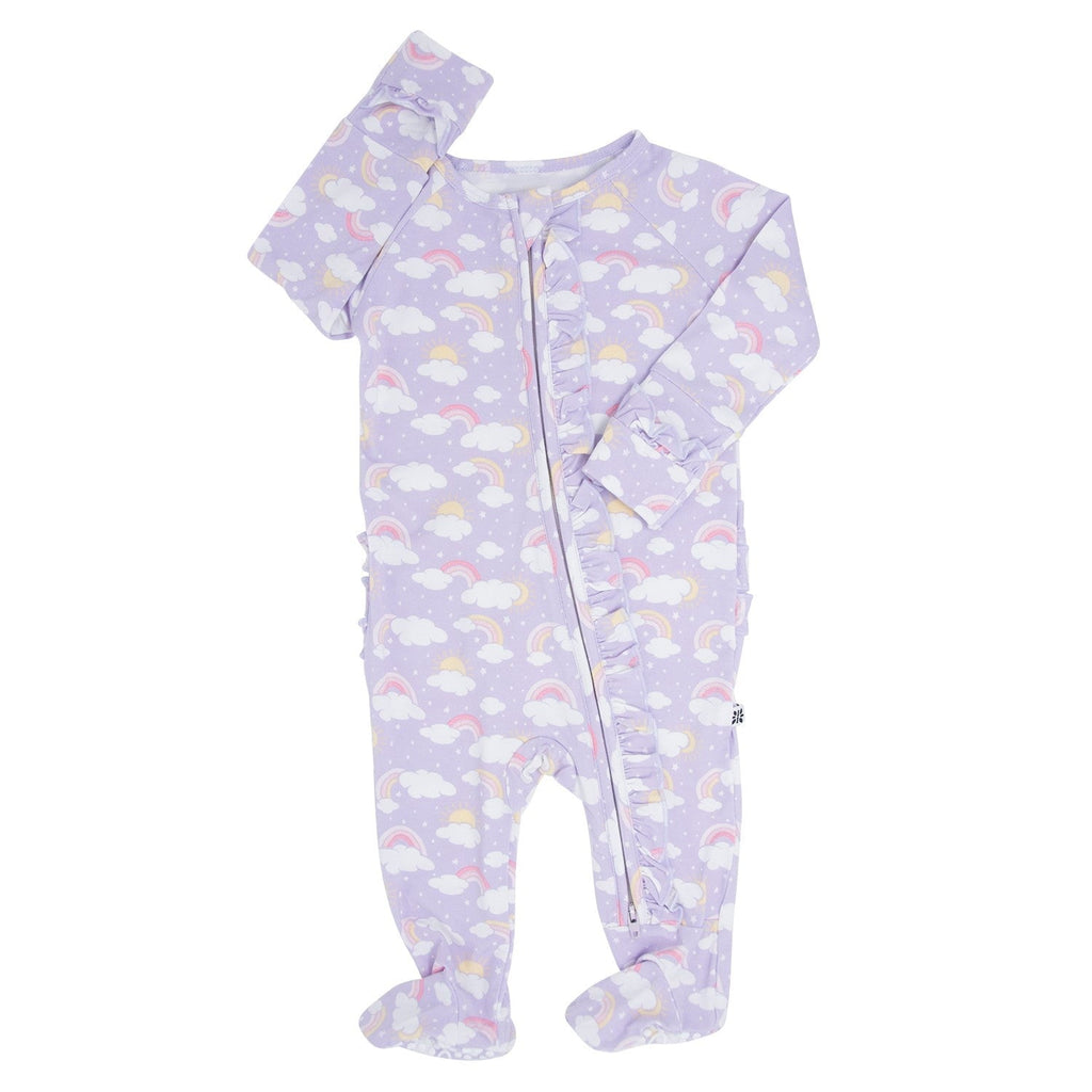 Lavender Rainbows and Clouds Ruffle Baby Footie